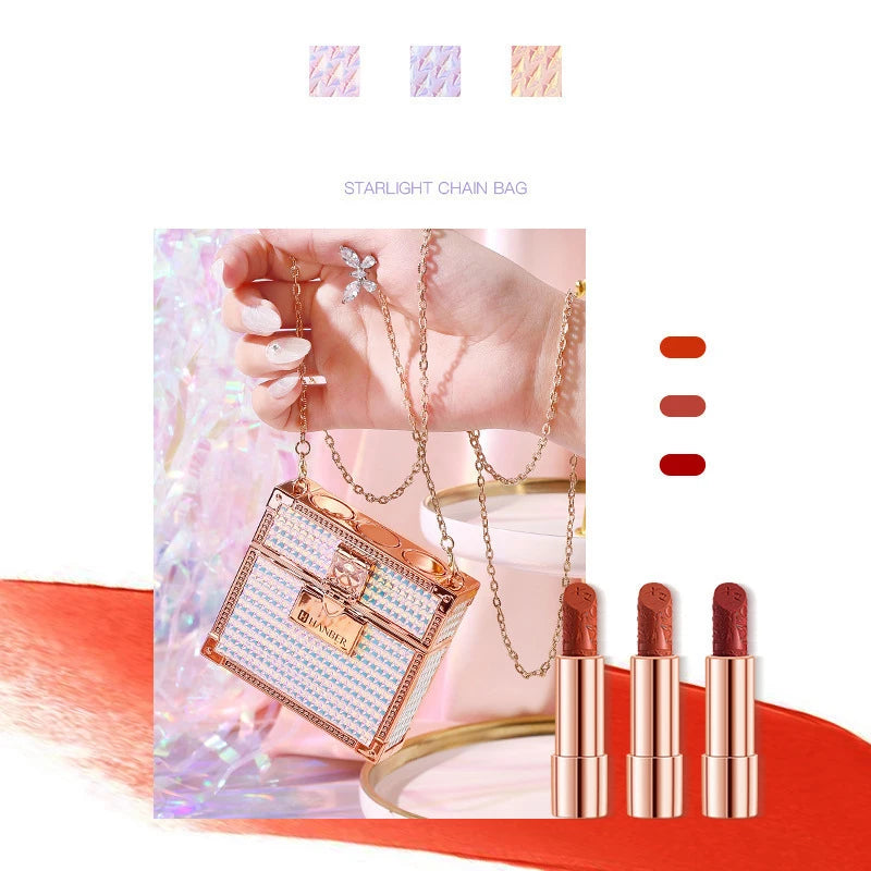 Wholesale Matte Shimmering Velvet Lipstick Make Up Set Korean Fashion Chain Bag Engraved Lip Glaze 3 Pack Maquillaje