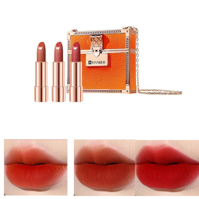 Wholesale Matte Shimmering Velvet Lipstick Make Up Set  Korean Fashion Chain Bag Engraved Lip Glaze 3 Pack Maquillaje