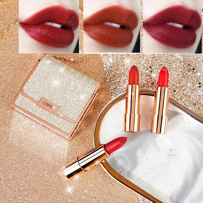 Wholesale Matte Shimmering Velvet Lipstick Make Up Set  Korean Fashion Chain Bag Engraved Lip Glaze 3 Pack Maquillaje