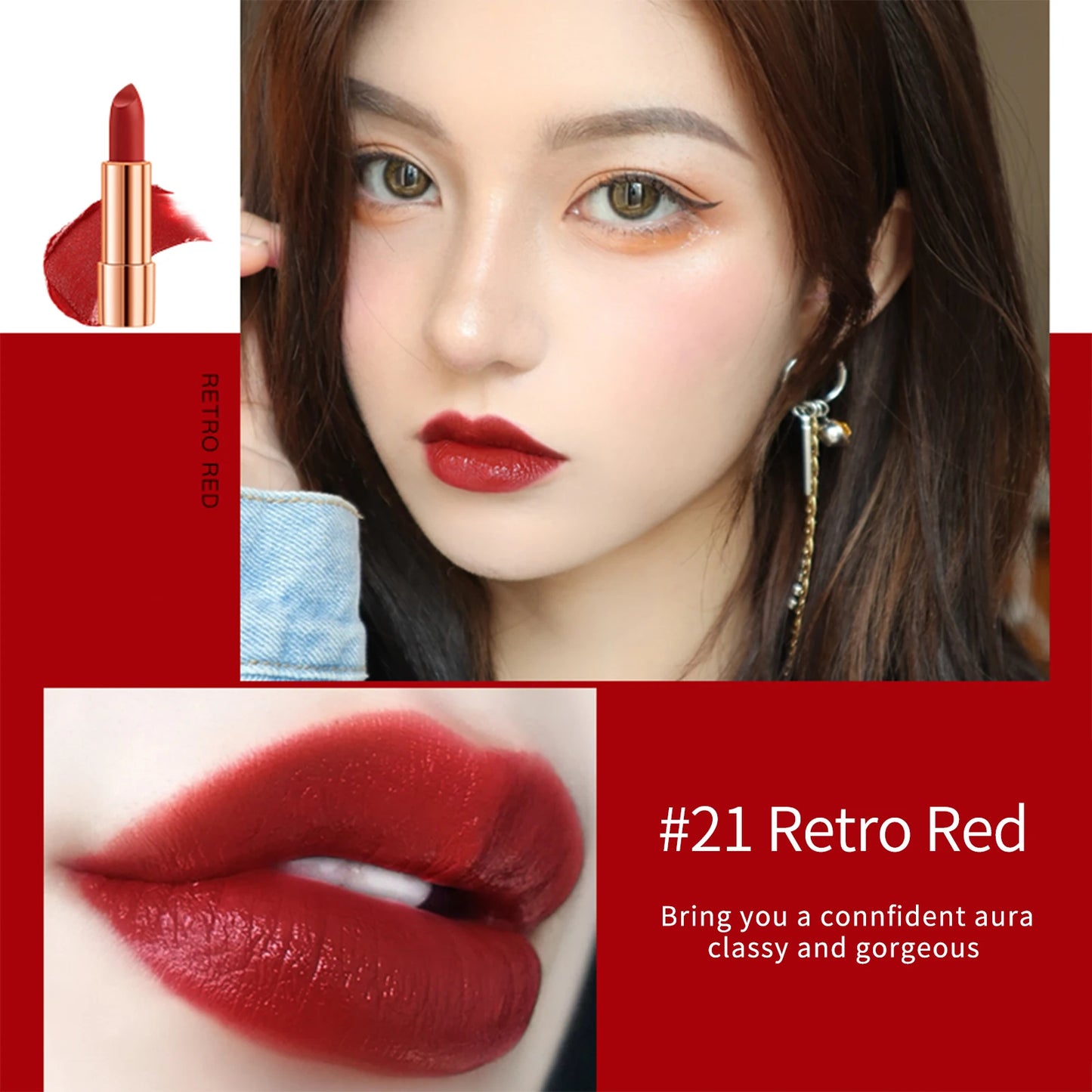 Matte Lipstick Set 3 Colours with Silver Chain Bag Waterproof Non-Stick Long Lasting Makeup Red 3.5gx3pcs for Women and Girls